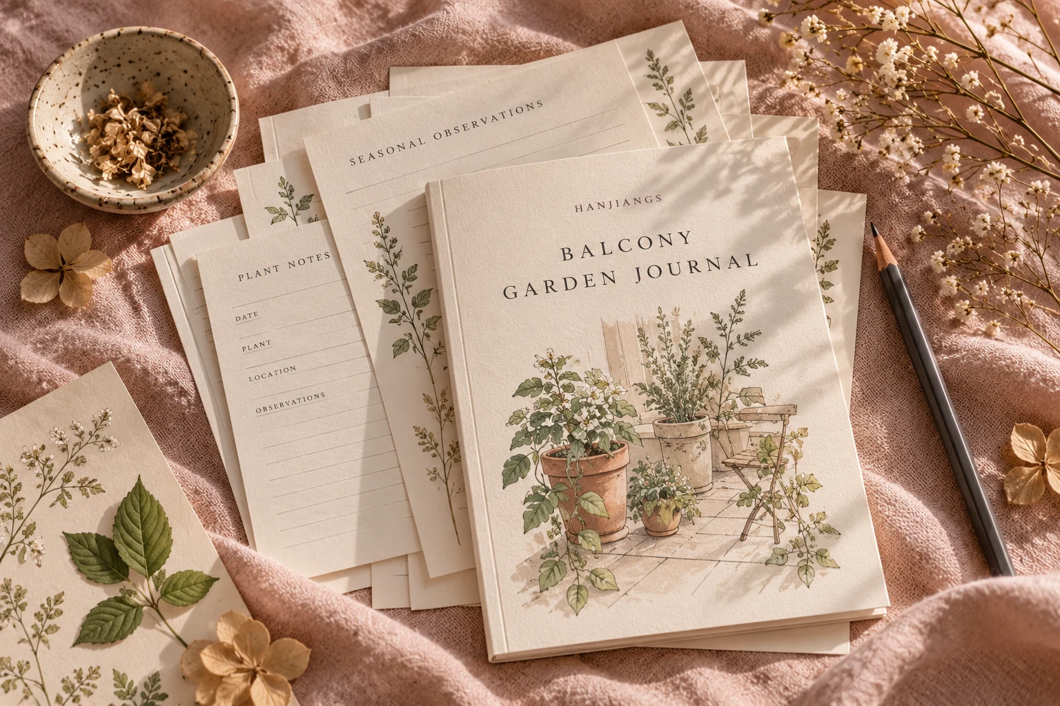 Illustrative paper journal still life on blush linen