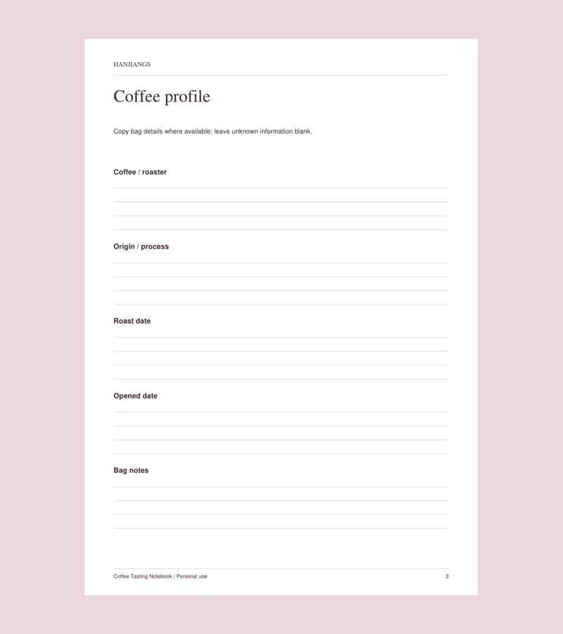 Actual printable page from Coffee Tasting Notebook
