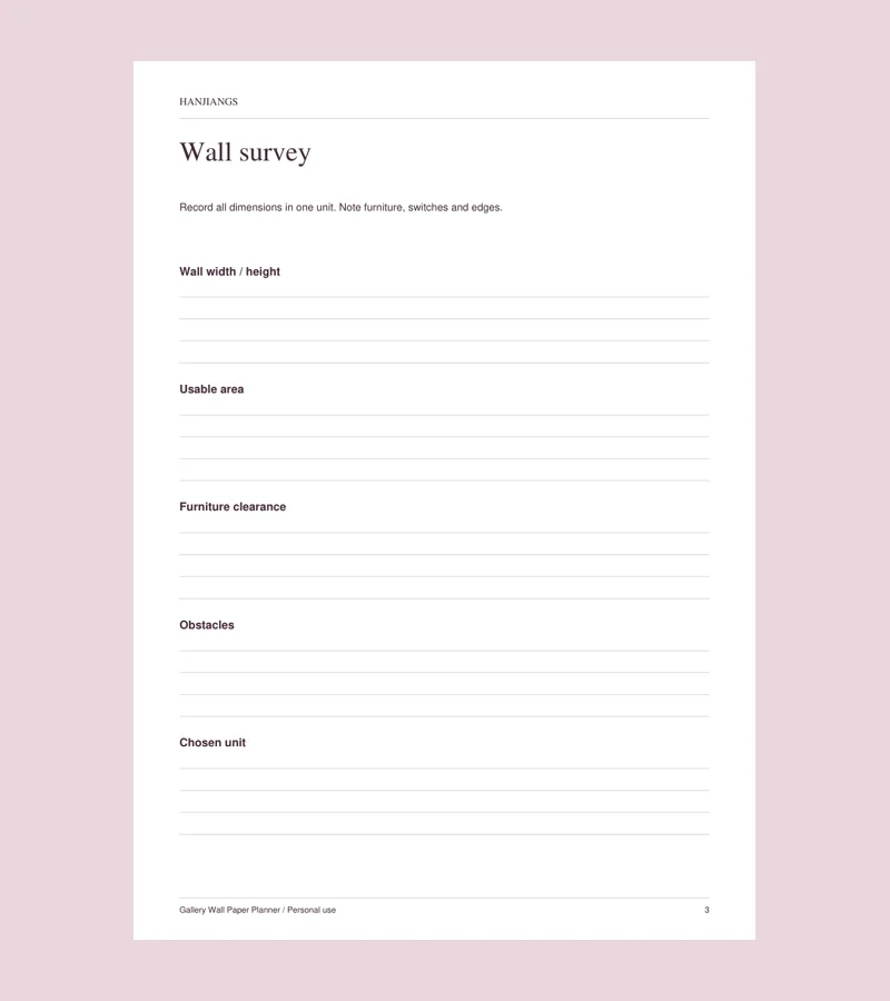 Actual printable page from Gallery Wall Paper Planner