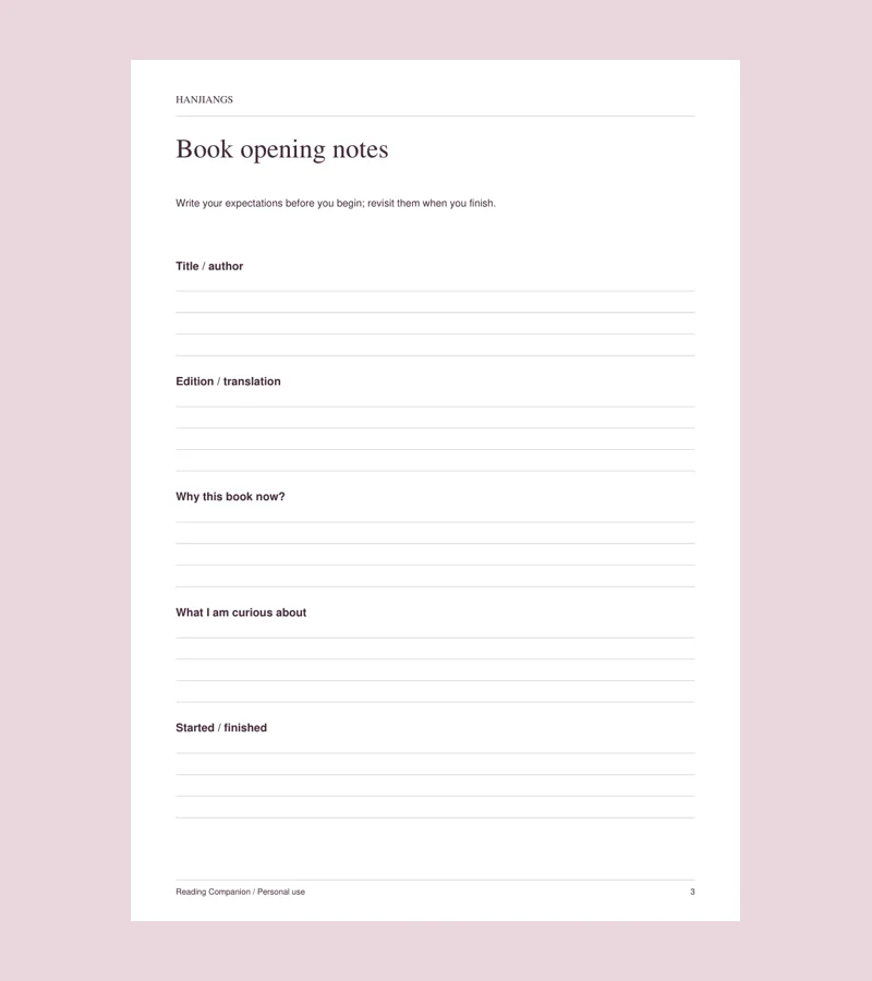 Actual printable page from Reading Companion
