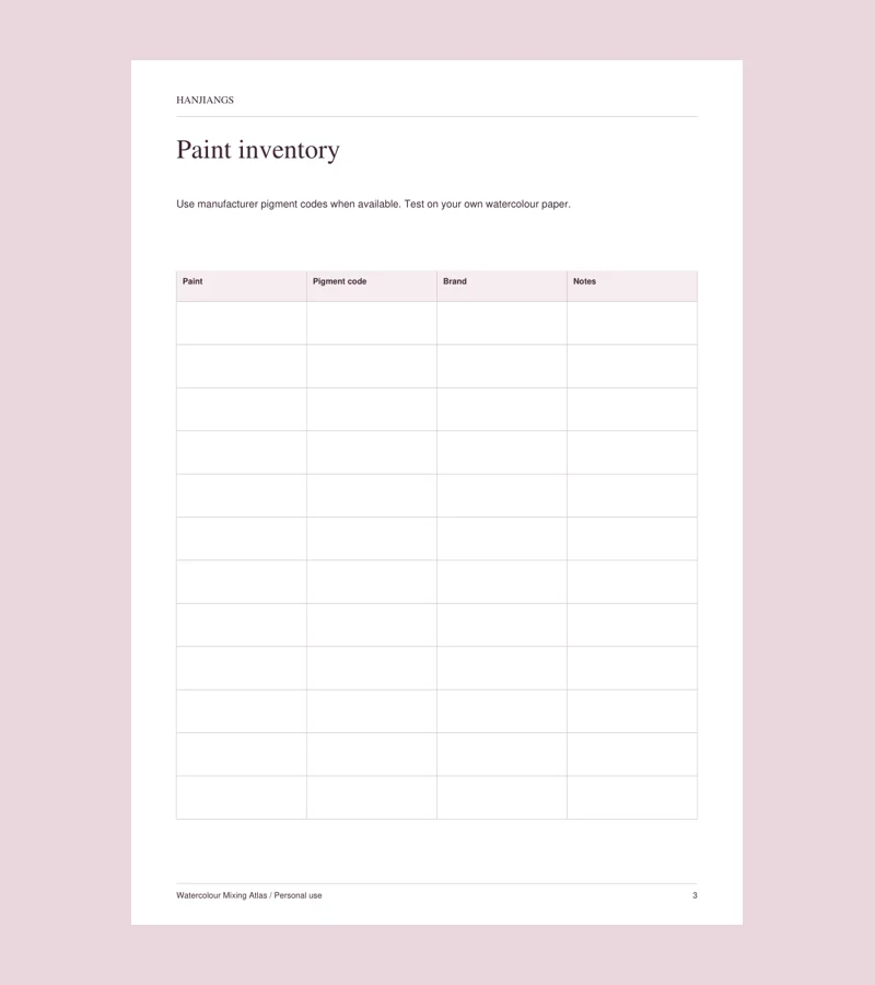 Actual printable page from Watercolour Mixing Atlas